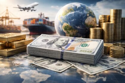 Dollár bankjegyek, arany és globális kereskedelem ábrázolása