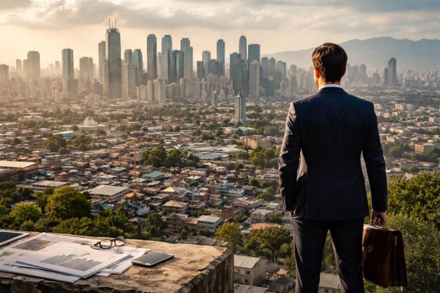 Üzletember a városi panorámánál, a gazdasági lehetőségekről gondolkodva.