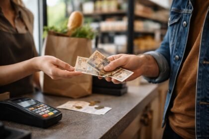 Pénz kifizetése egy boltban, amely bemutatja a fizetés fájdalmát.