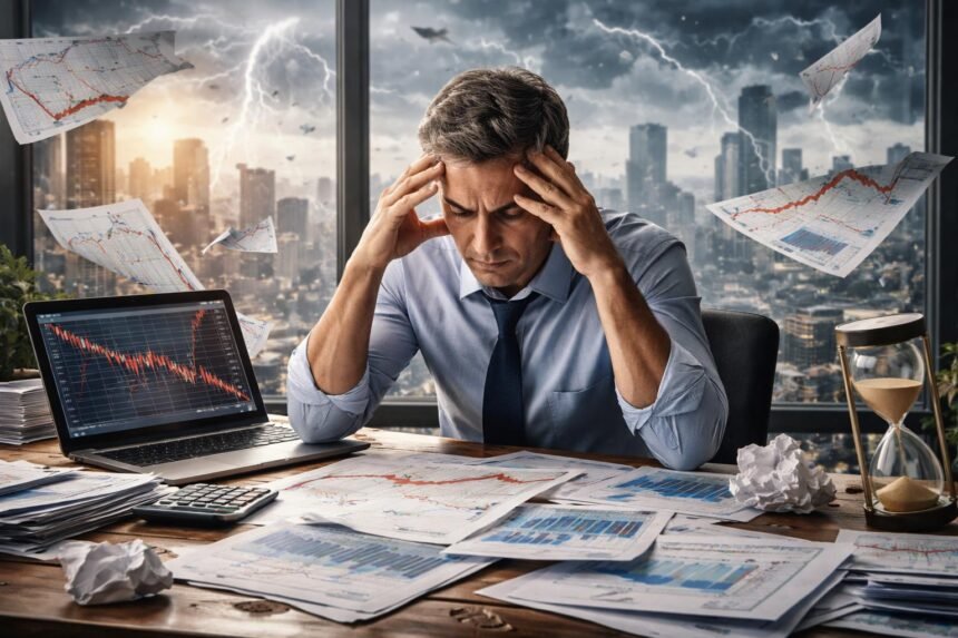 Férfi a számítógép előtt, gazdasági grafikonokkal és káoszban