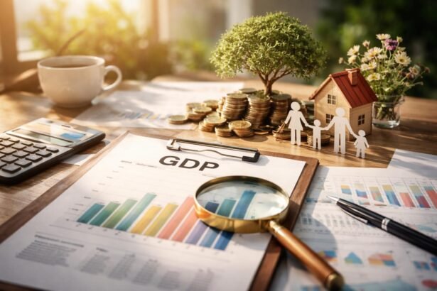 GDP elemzés grafikonokkal, pénzérmekkel, családi figurákkal és növényekkel.