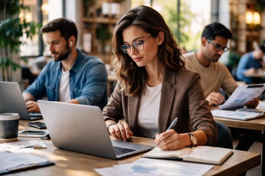 Fiatal szakemberek dolgoznak a modern irodában, laptopokkal és jegyzetekkel.