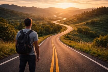 Ember, aki hátizsákkal nézi a hosszú, kanyargós utat a naplementében.