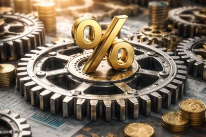 Aranyszínű százalékjel fogaskerekek között, gazdasági szimbolika.