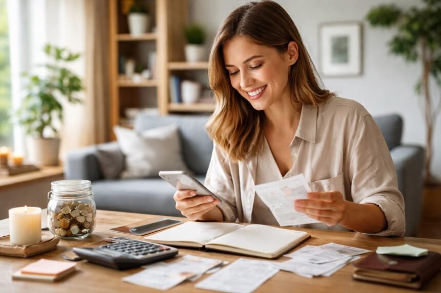 Nő pénzügyi kiadásokat követ nyomon okostelefonján és jegyzetfüzetében.