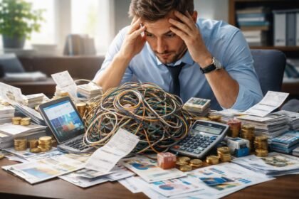 Zűrzavaros asztal pénzügyi dokumentumokkal és számítógépekkel.