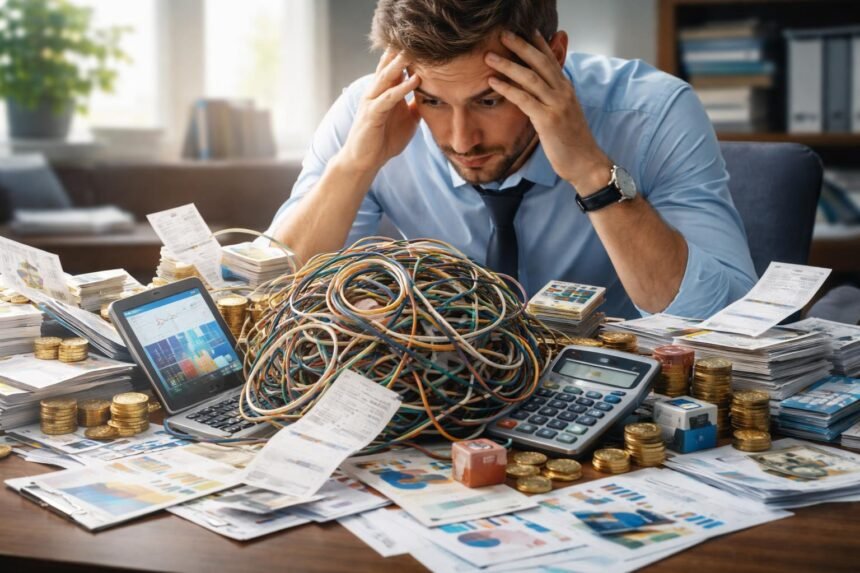 Zűrzavaros asztal pénzügyi dokumentumokkal és számítógépekkel.
