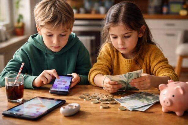 Két gyermek digitális alkalmazást használ, míg készpénzt számolnak.