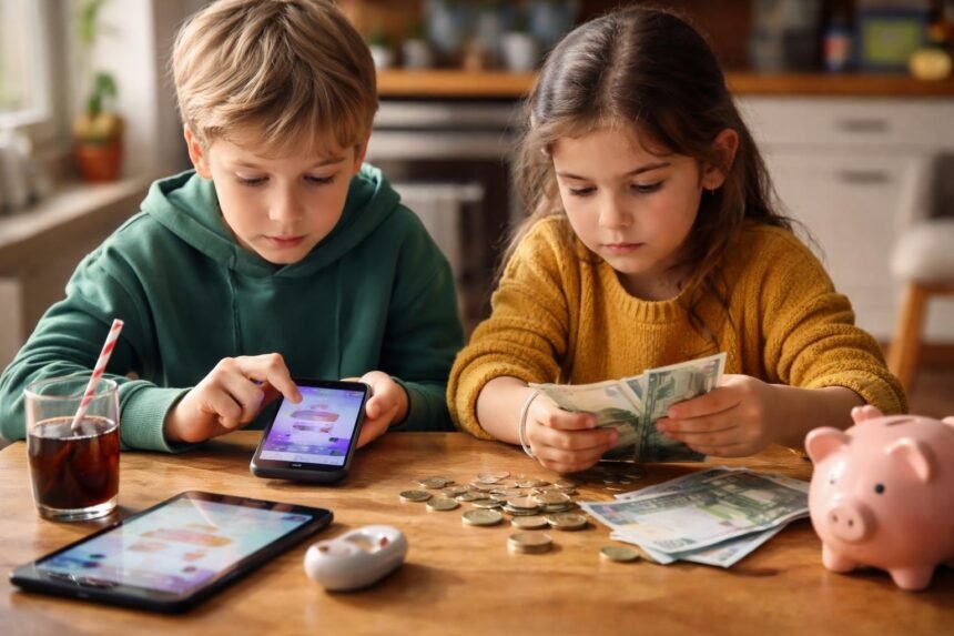 Két gyermek digitális alkalmazást használ, míg készpénzt számolnak.