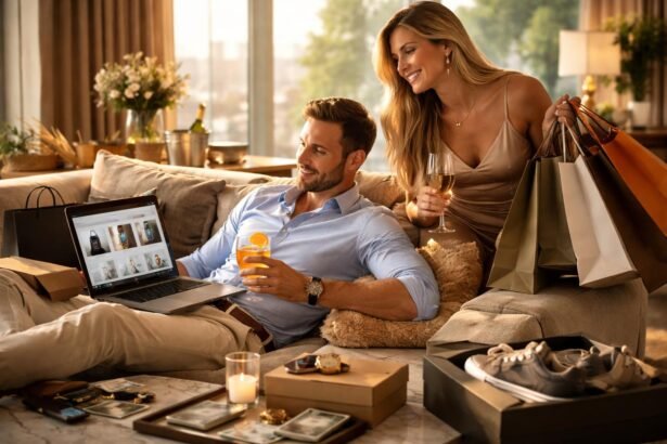 Pár élvezi a vásárlást és a kényelmes életstílust otthon