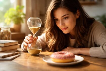 Nő figyelmesen nézi az órát és egy fánkot egy asztalon.