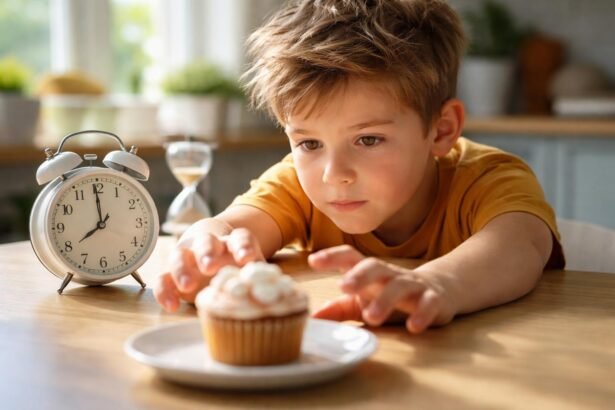 Gyerek, aki a süteményt nézi az időzítő mellett, türelem témája.