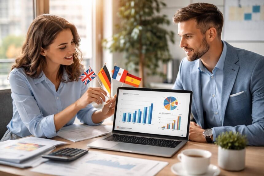 Két ember a nyelvi kompetenciák gazdasági előnyeit elemzi.