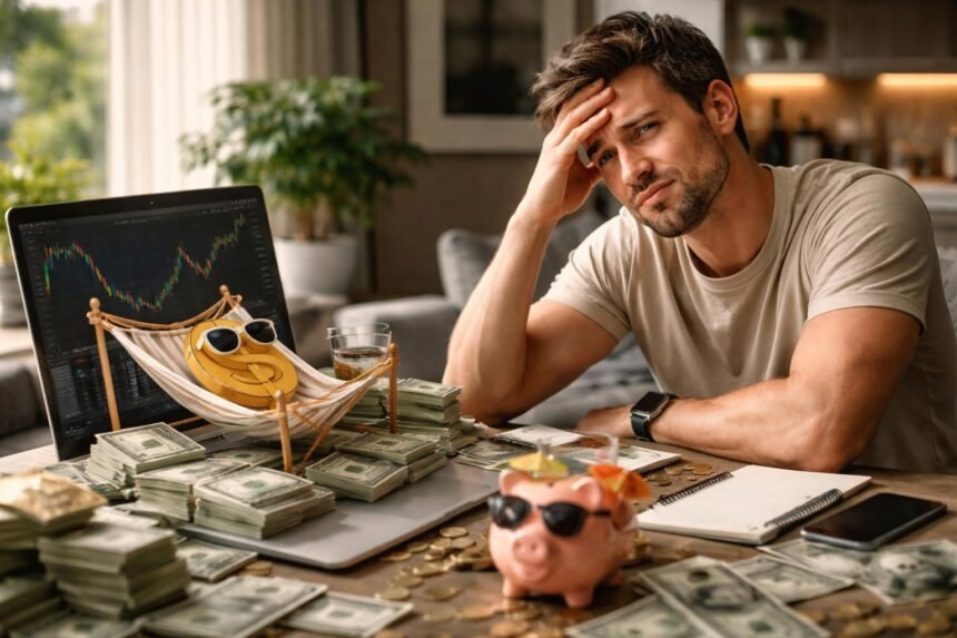 Férfi pénzügyi stressz közepette, passzív jövedelem illúziója.