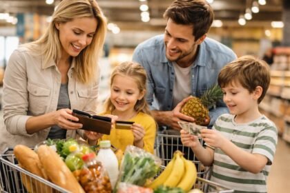 Család vásárlás közben, gyerekek tanulják a költési szokásokat.