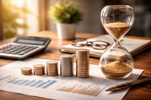 Pénz és idő értékének ábrázolása érmehalmokkal és homokórával.