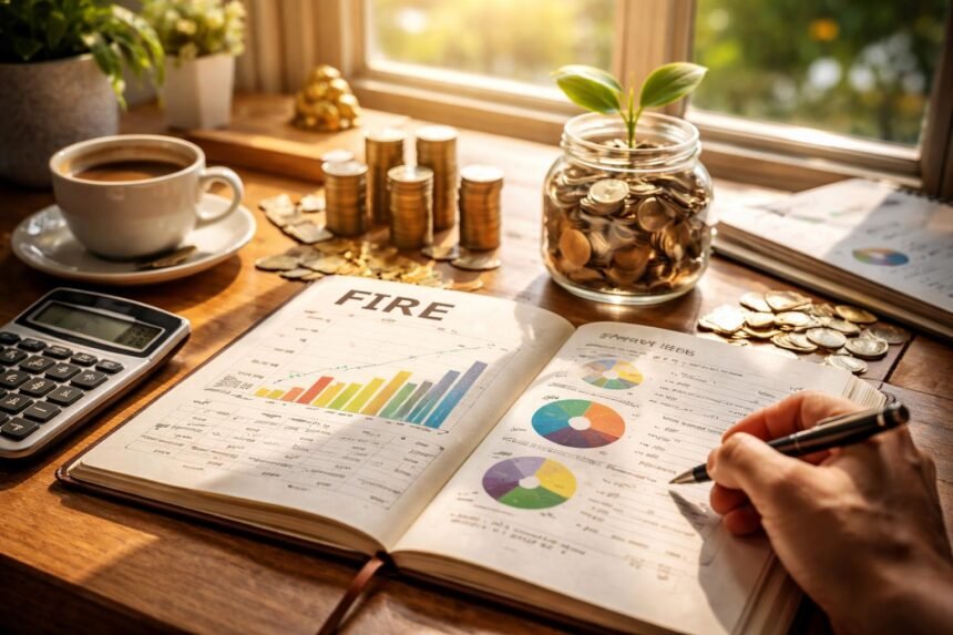 Táblázatok és diagramok a FIRE pénzügyi függetlenségről, kávé és kalkulátor mellett.