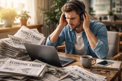 Fiatal férfi, aki pénzügyi híreket olvas, stresszes helyzetben.