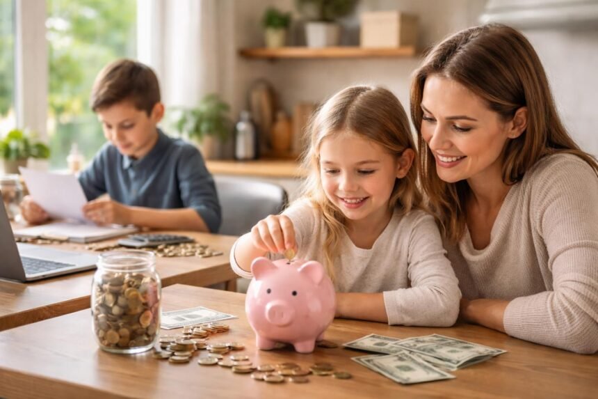 Gyermekek pénzügyi nevelése: egy kislány malacperselybe dobja a pénzt.