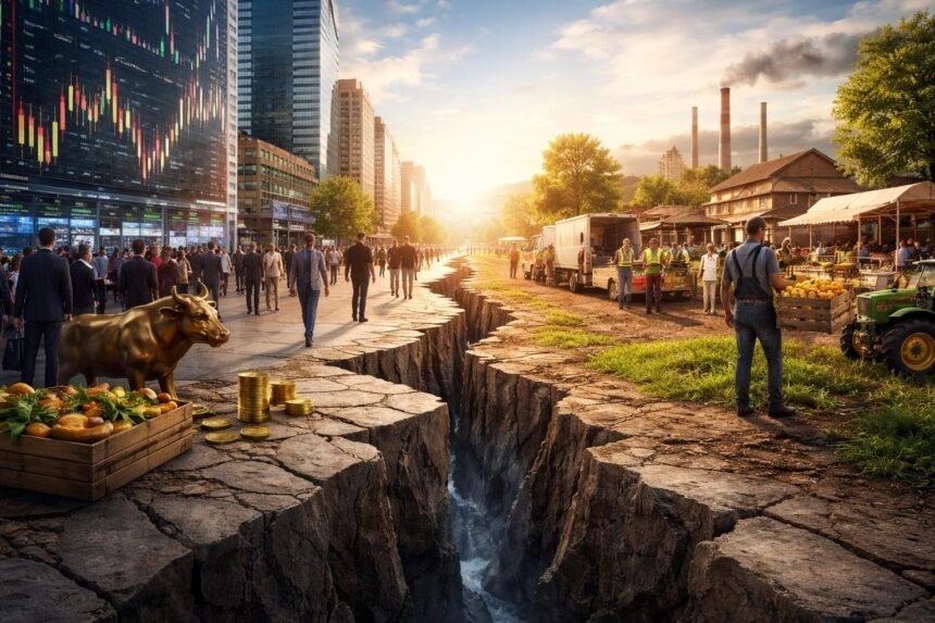 A tőzsde és a reálgazdaság közötti szakadék ábrázolása egy városi környezetben.