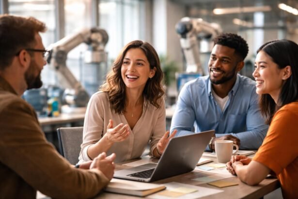 Négyfős csapat beszélgetése a munkahelyen, automatizációs háttérrel.