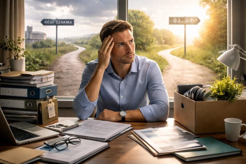 Férfi karrierváltás előtt, két úttal; egyik a régi szakmához, másik az új úthoz vezet.