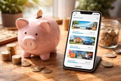 Vicces malacpersely és okostelefon a takarékossági célok nyomon követésére.