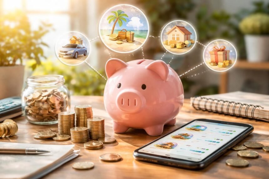 Malacpersely és pénzügyi célok vizualizációja a modern megtakarításhoz.