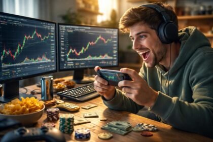 Egy fiatal férfi tőzsdei grafikont néz, játékosan az okostelefonján.