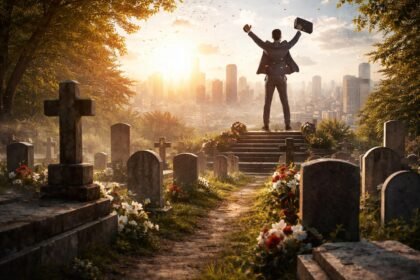 A sikeres üzletember áll a temetőben, mögötte a város fényei.