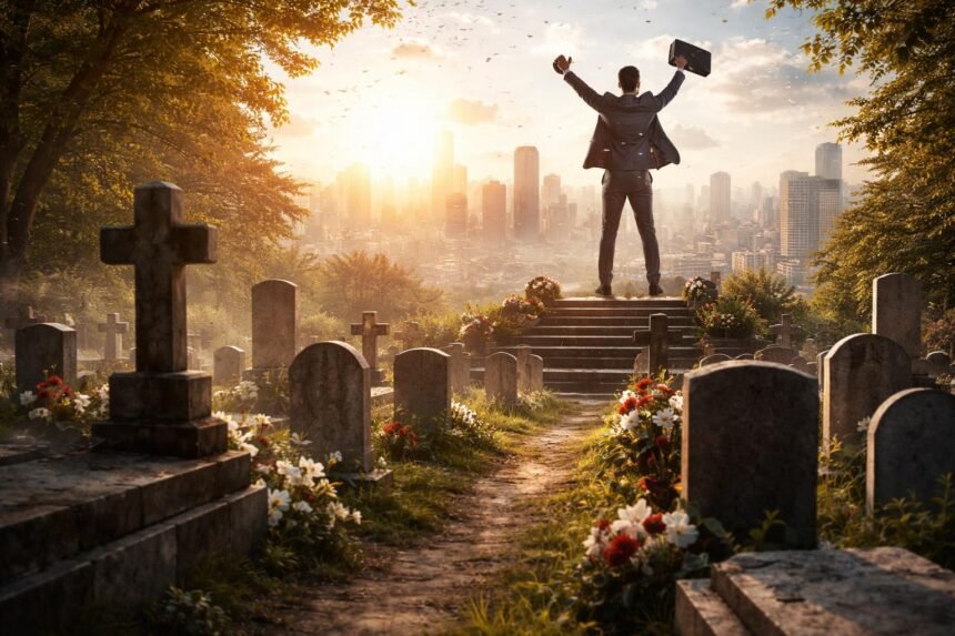 A sikeres üzletember áll a temetőben, mögötte a város fényei.