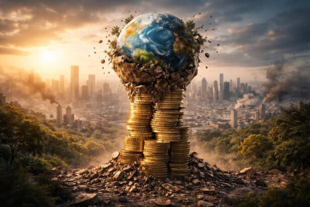 A Föld és a pénz szimbóluma a gazdasági növekedés határairól.