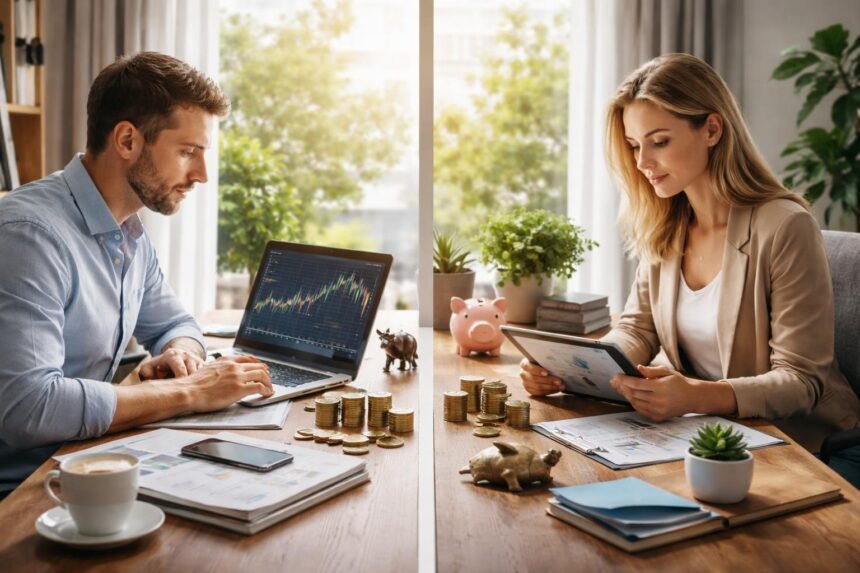 Aktív és passzív befektetés elemzése egy modern irodában.