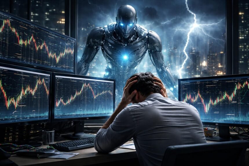 Robot és emberi befektető, aki a pénzügyi piacokon küzd a kockázatokkal.