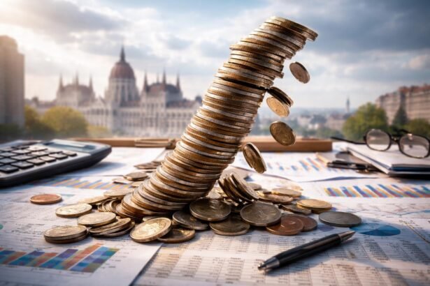 Illusztráció államadósságról, pénzügyi kimutatásokkal és érmékkel.
