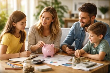 Család pénzügyi oktatás közben, megtakarítási terv és pénzkezelés.