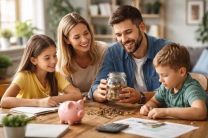 Család gyermekekkel pénzügyi nevelés során, pénzgyűjtő edény használata