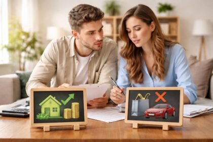 Fiatal pár pénzügyi döntéseket hoz, jó és rossz adósság megkülönböztetésével.