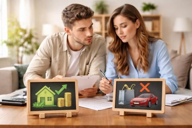 Fiatal pár pénzügyi döntéseket hoz, jó és rossz adósság megkülönböztetésével.