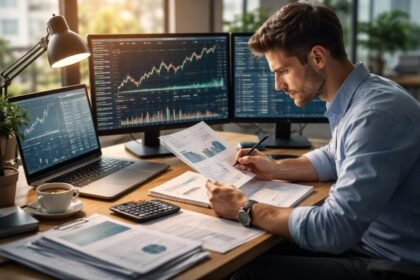 Elemzői munka a pénzügyi piacon, táblagépekkel és dokumentumokkal.
