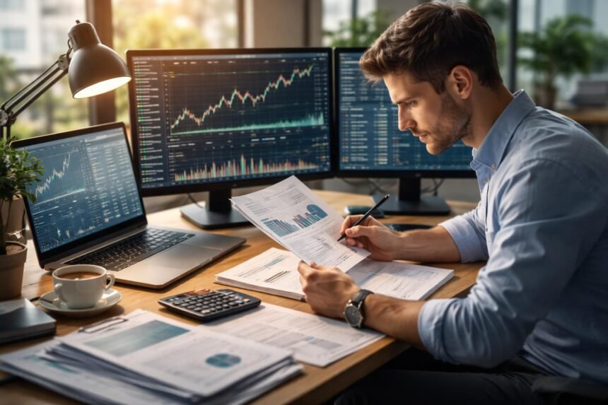 Elemzői munka a pénzügyi piacon, táblagépekkel és dokumentumokkal.