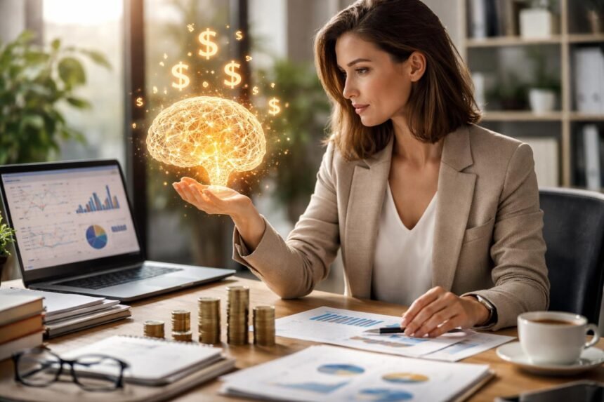 Egy nő üzleti környezetben a tudás értékéről gondolkodik.