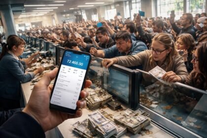 Pénzügyi zűrzavar a bankban, emberek sorban állnak készpénzért