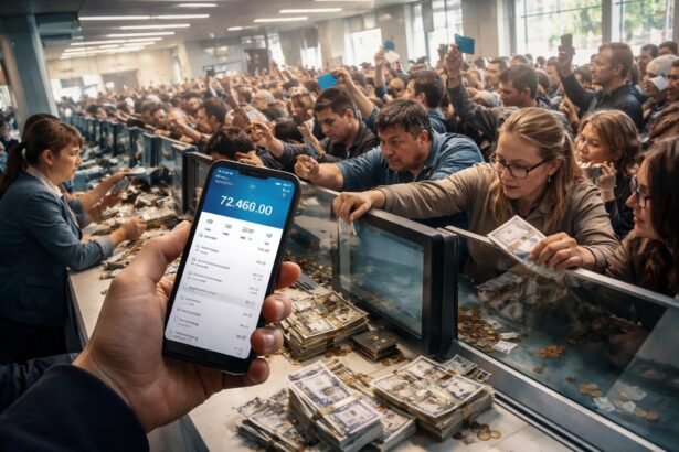 Pénzügyi zűrzavar a bankban, emberek sorban állnak készpénzért