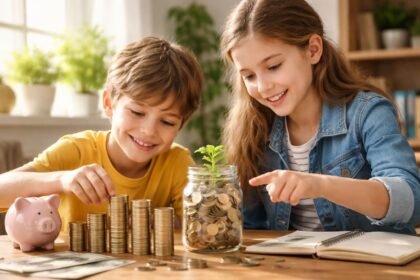 Gyerekek kamatos kamatot tanulnak pénzügyi jövőjük érdekében.