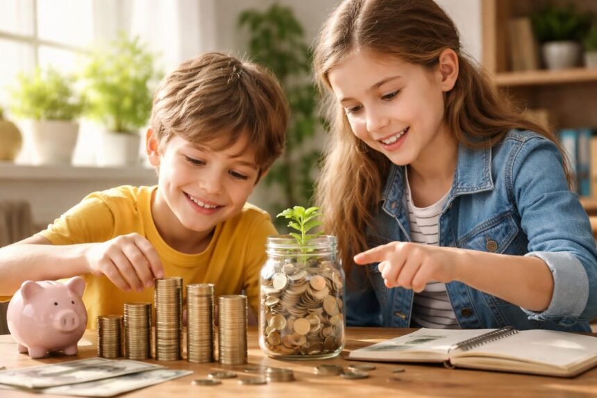 Gyerekek kamatos kamatot tanulnak pénzügyi jövőjük érdekében.