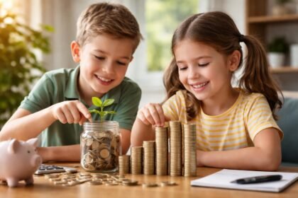 Két gyerek befektetési játék közben, pénzérméket és növényt figyelve.
