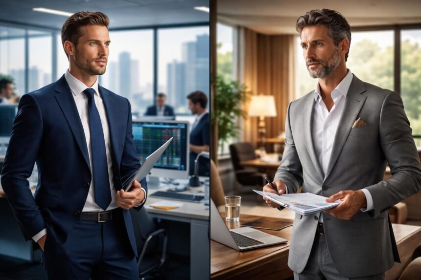 Befektetési bankár és privátbankár különböző irodai környezetben