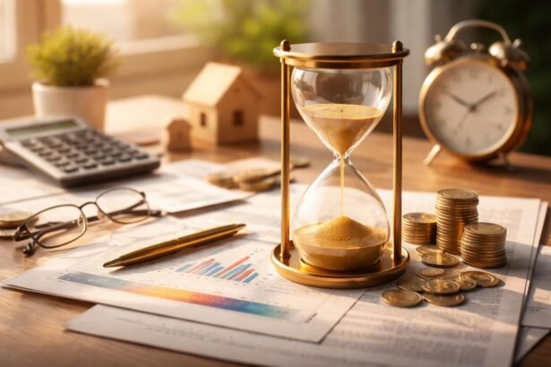 Homokóra, befektetési grafikonok és pénz a munkaasztalon.