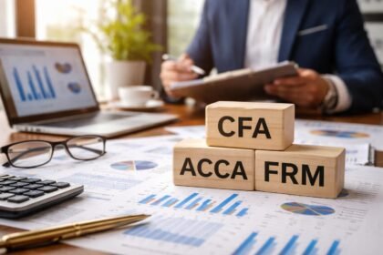 CFA, ACCA és FRM blokkok pénzügyi elemzésekkel teli asztalon